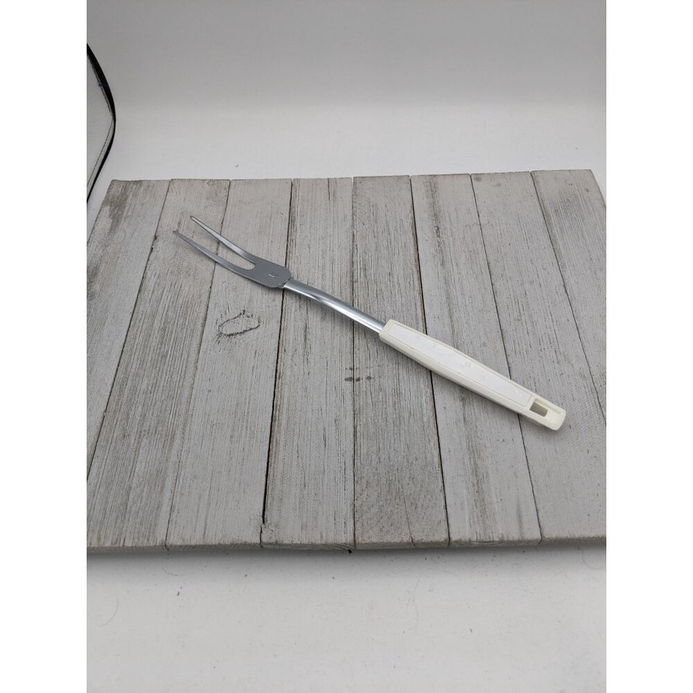Vintage Meat Fork 12" White Handle Chrome